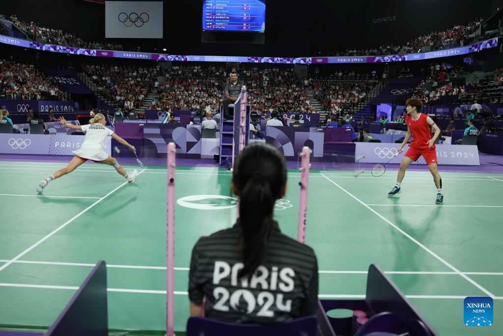 Paris 2024: women’s singles group play stage match of badminton between Denmark and China